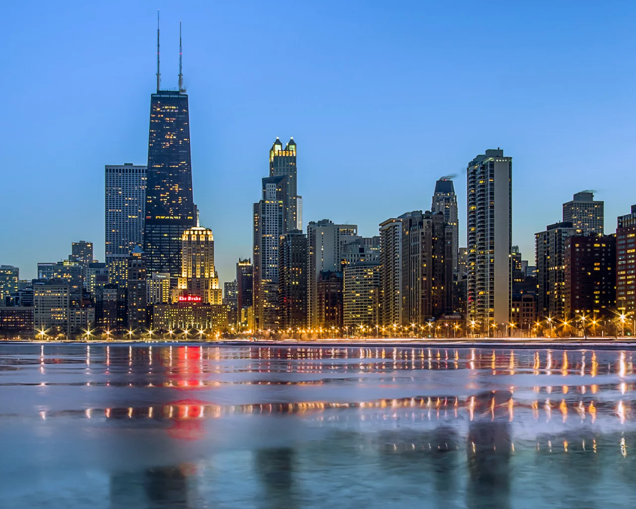 океан, chicago, город, зима, небоскребы, вечер, огни, чикаго