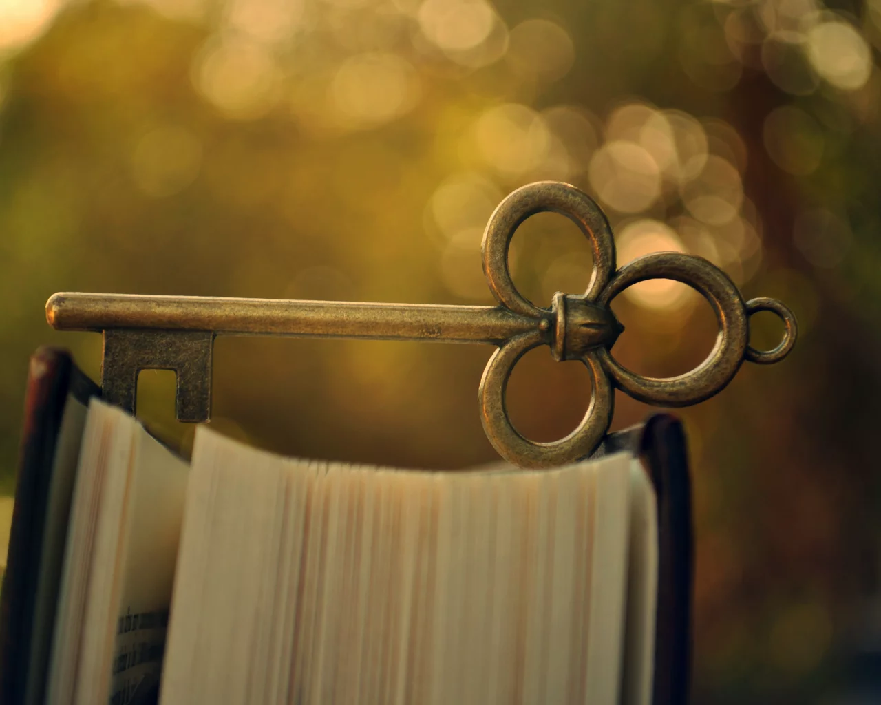 металлический, ключ, книга, боке