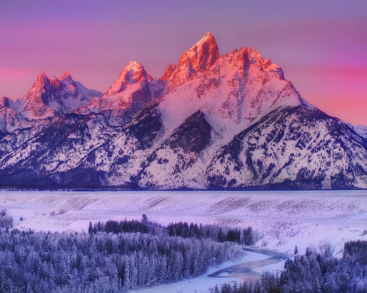 wyoming, grand teton national park, alpenglow on grand teton - snake river overlook, горы