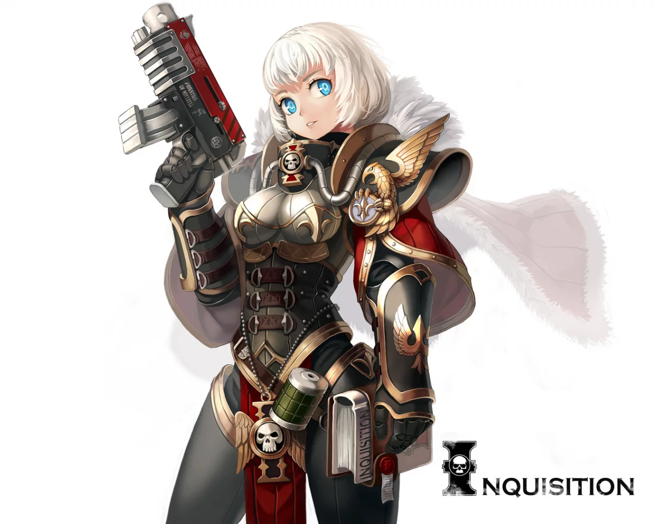 warhammer 40k, книга, оружие, арт, девушка, xil, белый фон