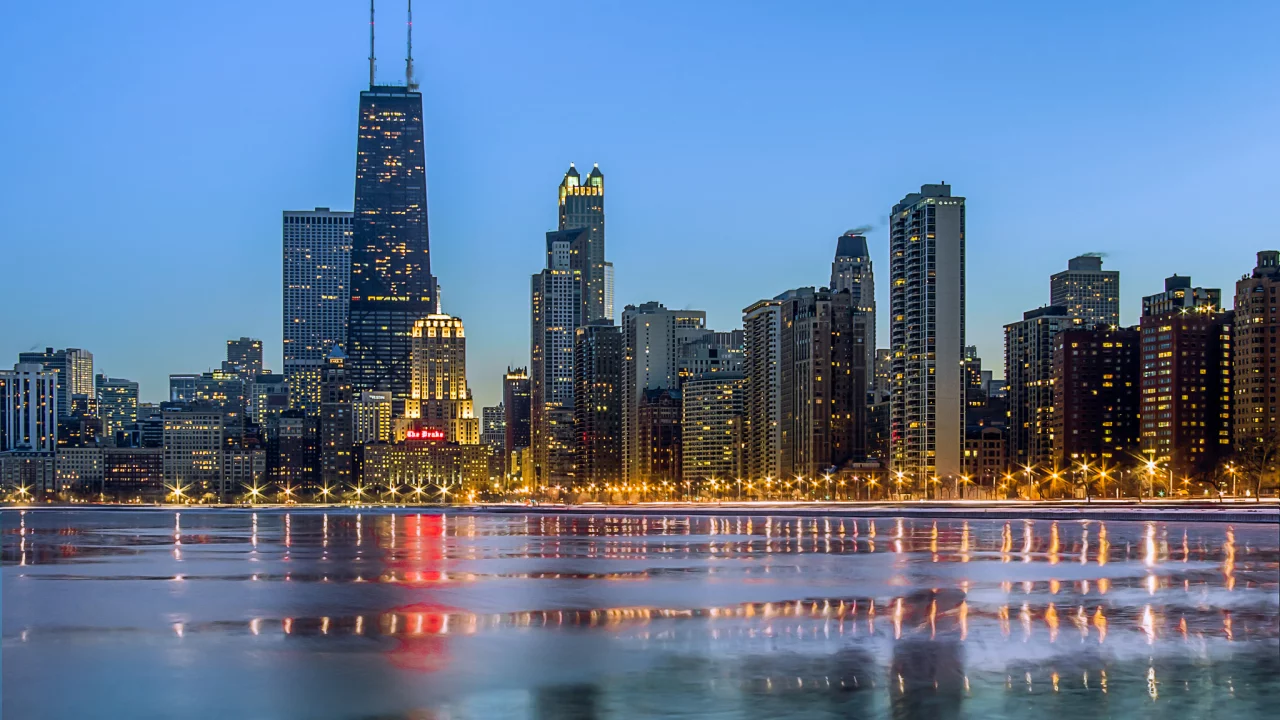 океан, chicago, город, зима, небоскребы, вечер, огни, чикаго