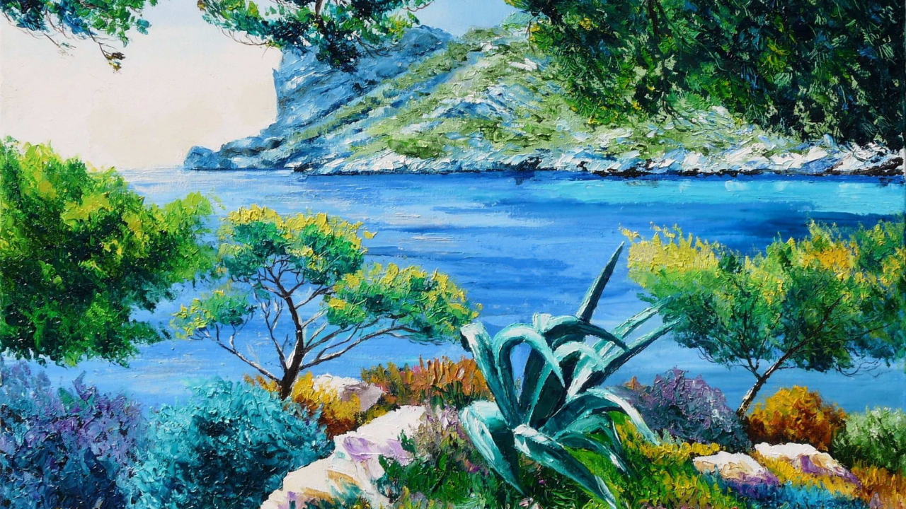 море, картина, острова, лагуна, jean-marc janiaczyk, пейзаж, арт
