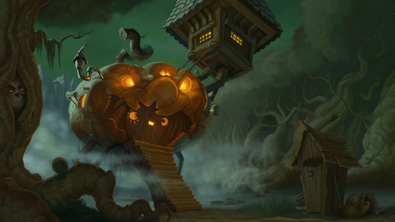 halloween , тыква, арт, сова, лес, дерево, болото, дом