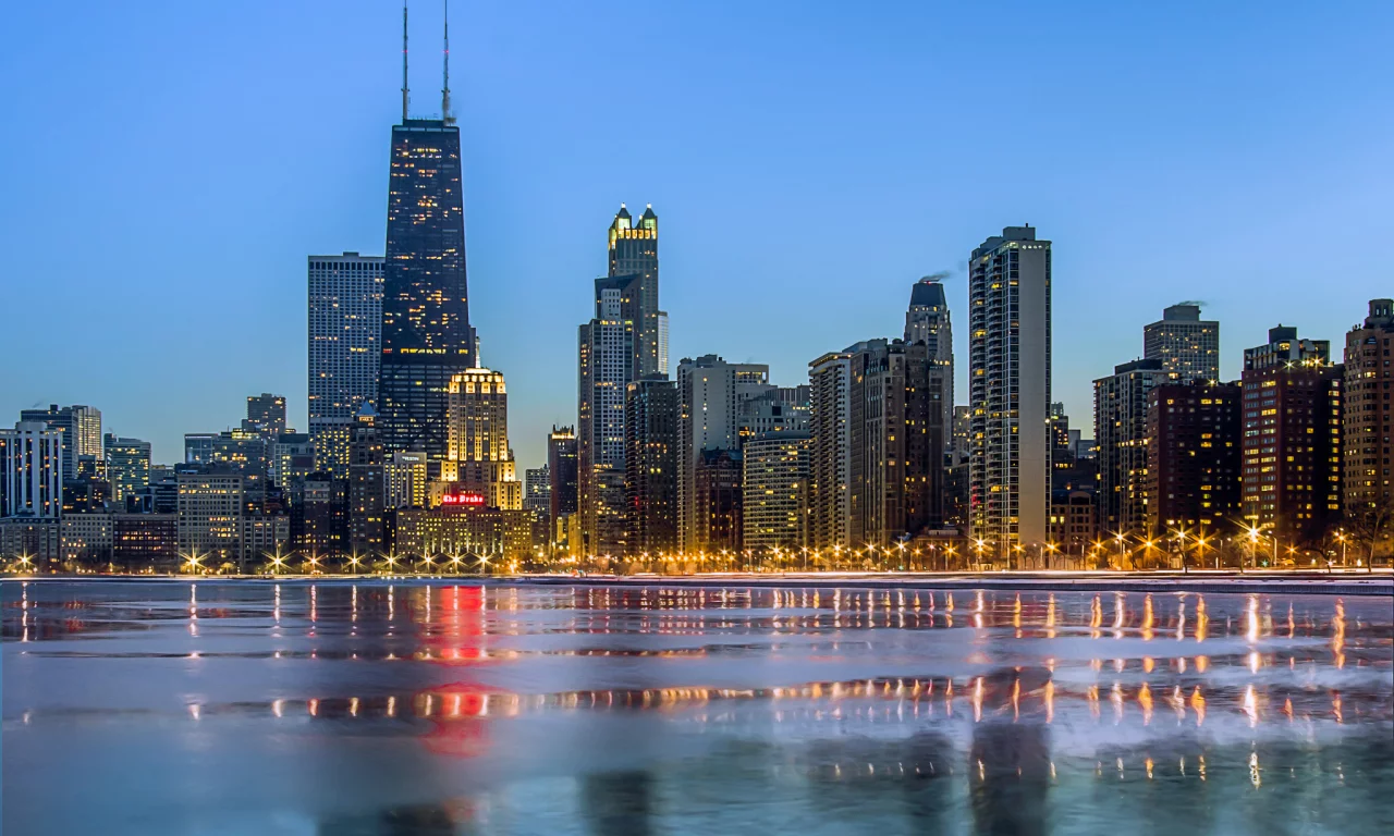 океан, chicago, город, зима, небоскребы, вечер, огни, чикаго