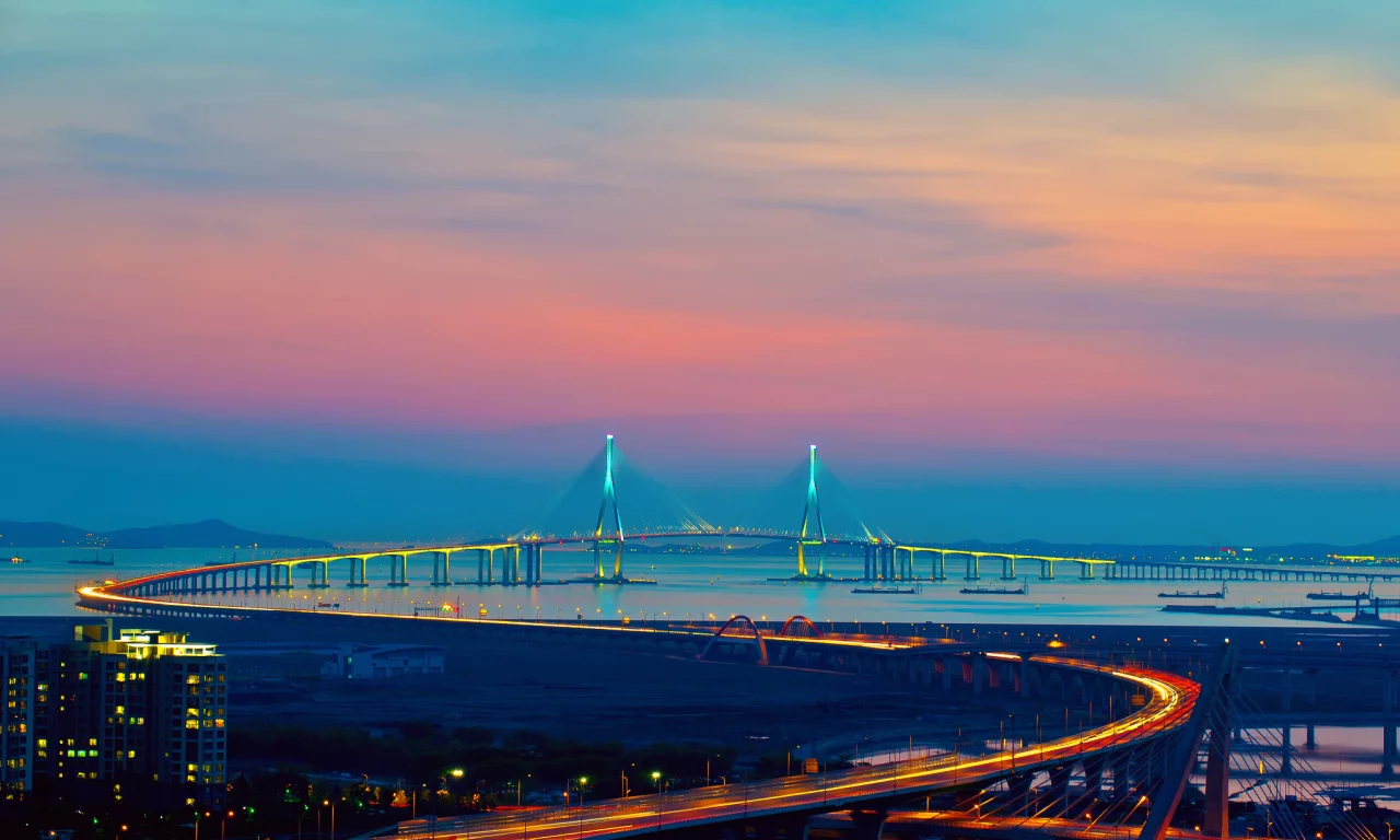 город, мост, корея, огни, инчхон