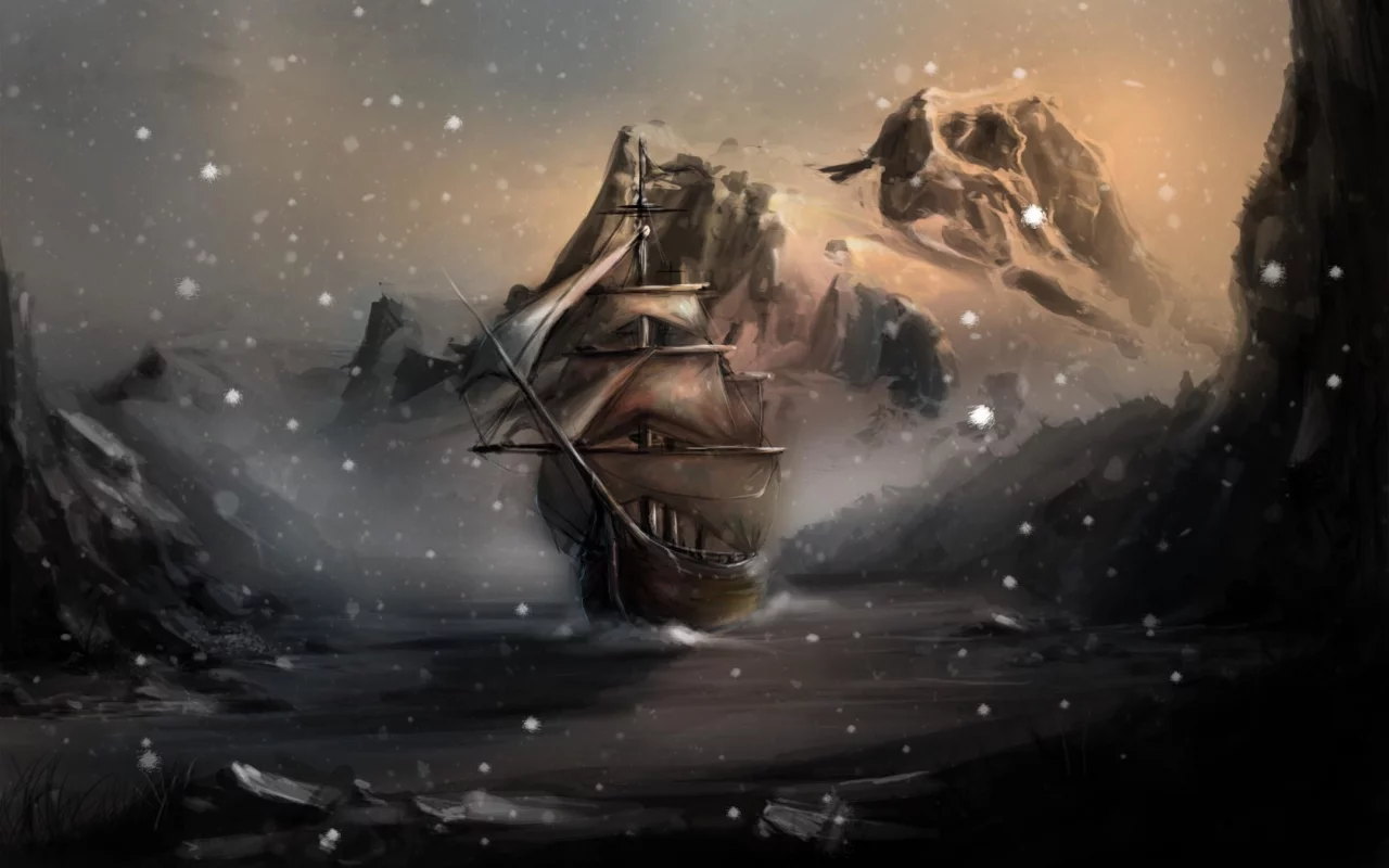 снег, skyrim, скалы, арт, winterhold, корабль, вода