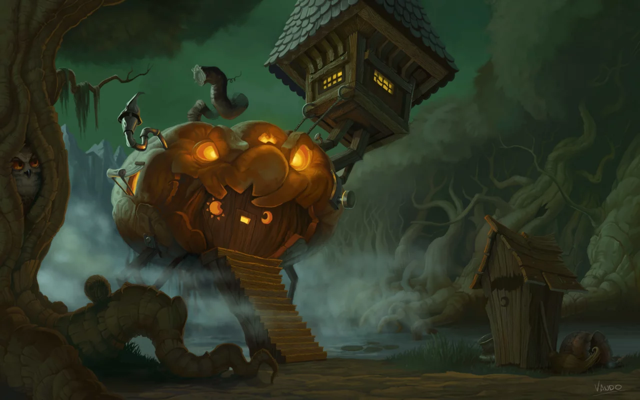 halloween , тыква, арт, сова, лес, дерево, болото, дом