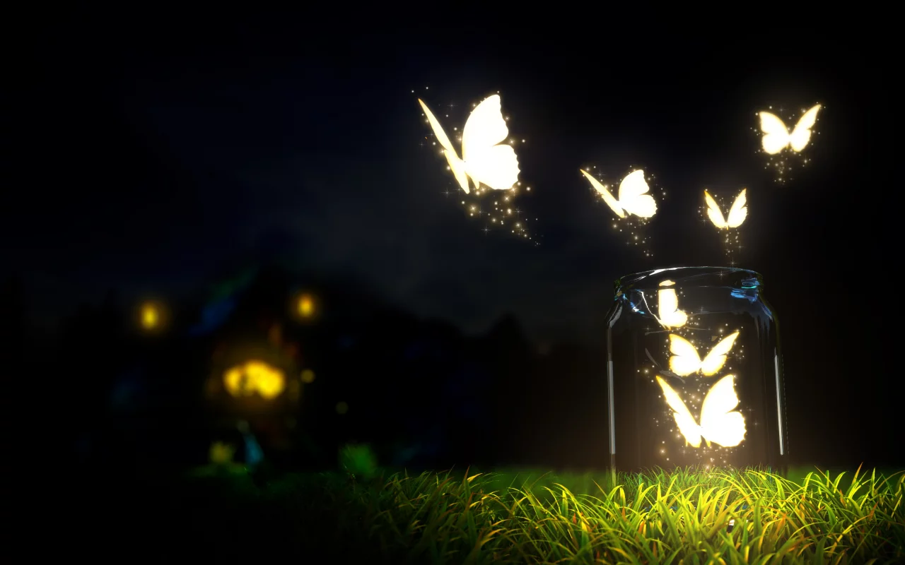 macro, grass, ground, bottle, blur, dark sky, night, glowing, butterflies, nature, beautiful