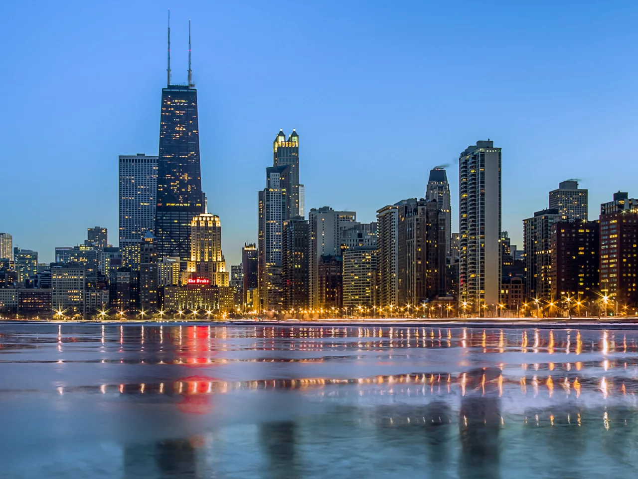 океан, chicago, город, зима, небоскребы, вечер, огни, чикаго