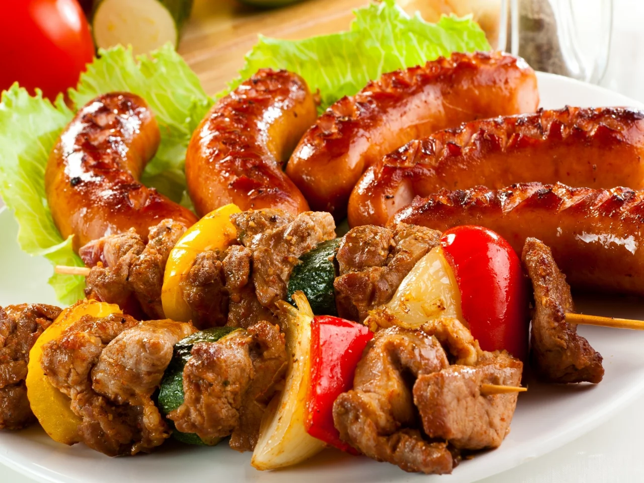 lemon, шашлык, мясо, greens, tomato, fried, cucumber, meat, cabbage, sausages, vegetables