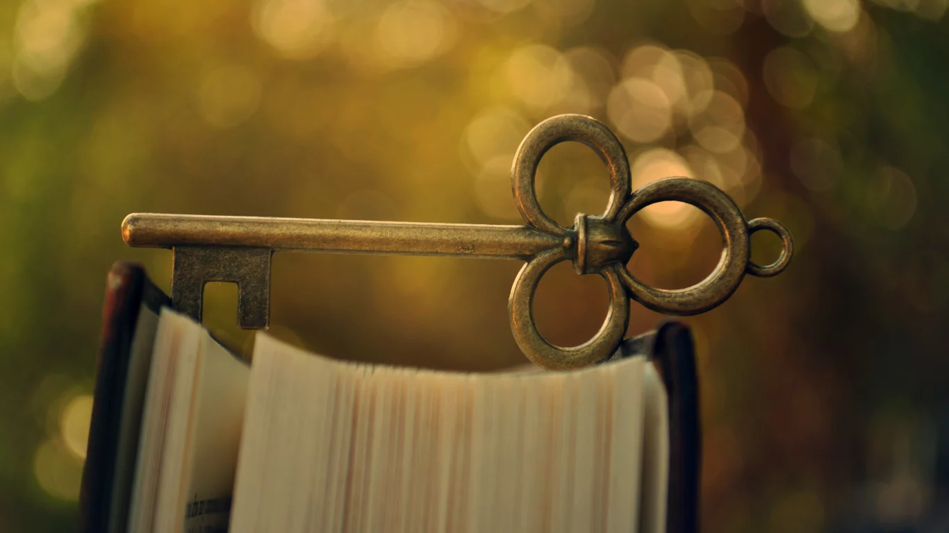 металлический, ключ, книга, боке