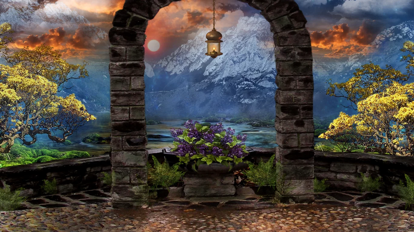 арт, цветы, арка, 3d, фонарь, горы, art, небо, деревья