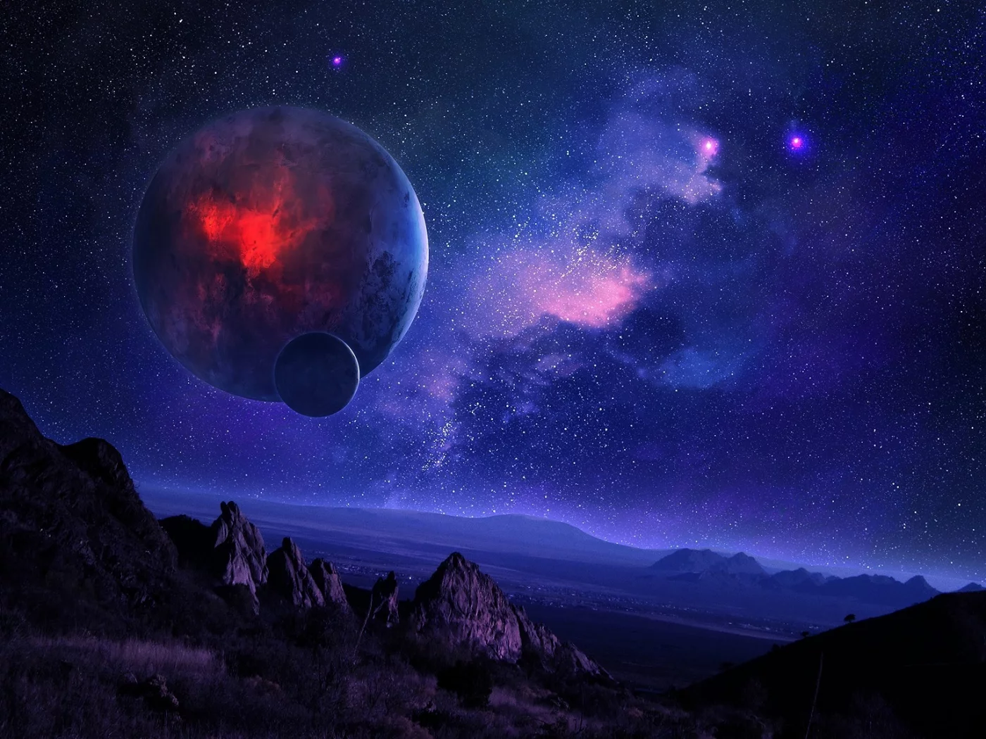 горы, планета, звездное небо, космос, ночь, спутник