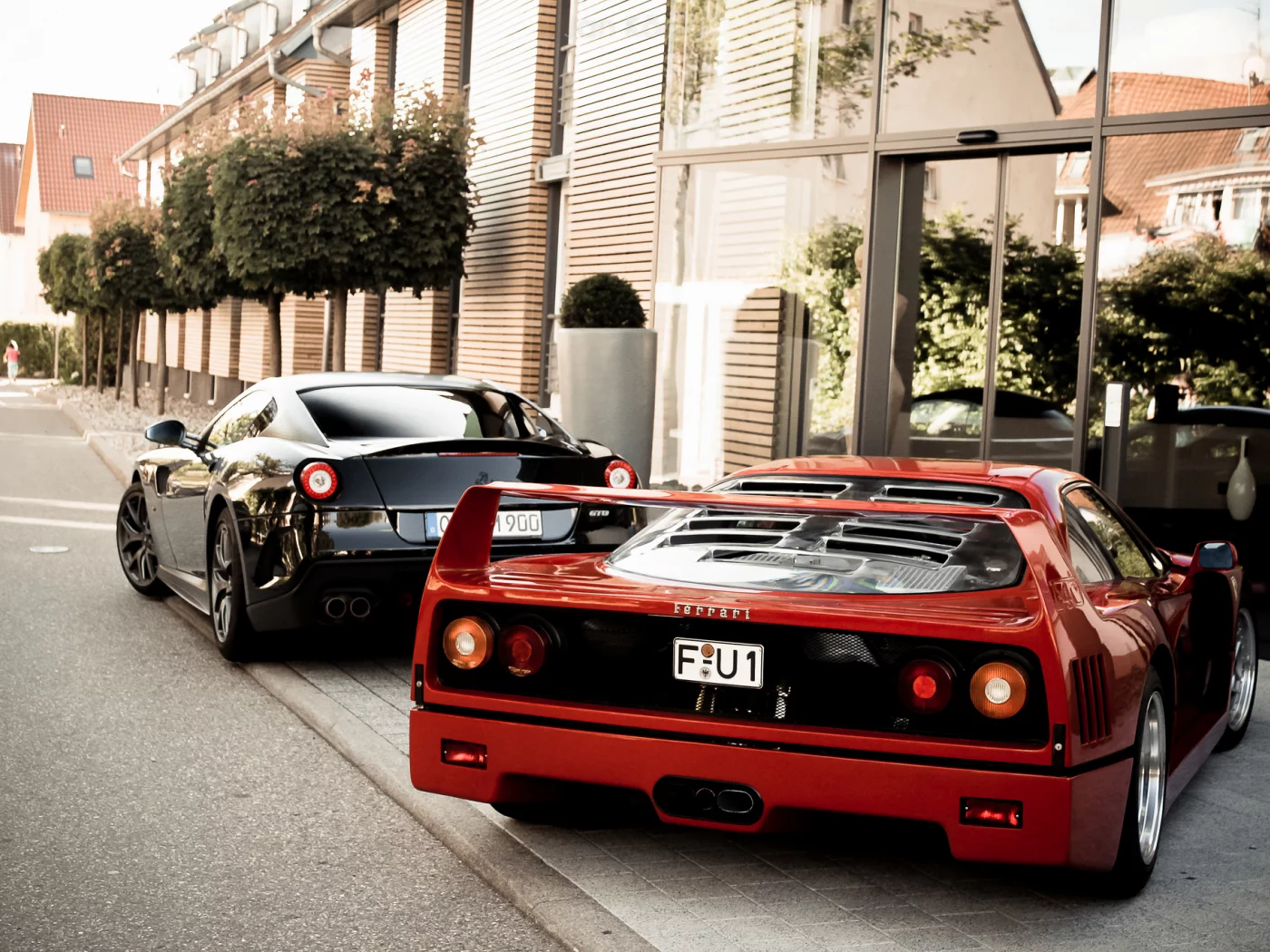 гто, black, 599, f40, 599, феррари, building, red, ferrari, back, gto, tree, ф40