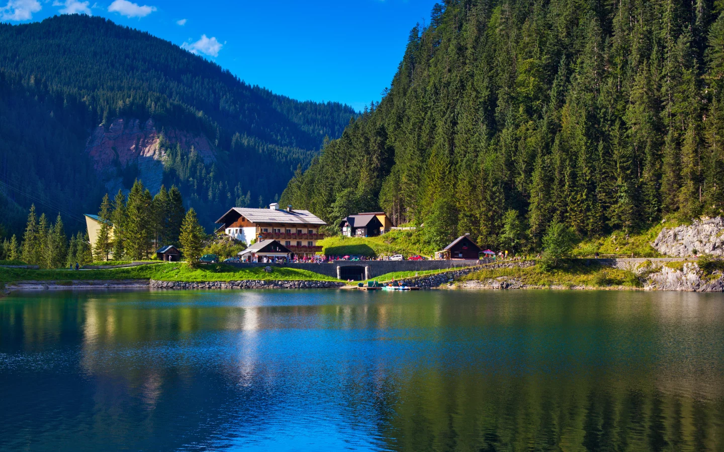 альпы, дома, alpes, горы, озеро, домики, деревья, alpen