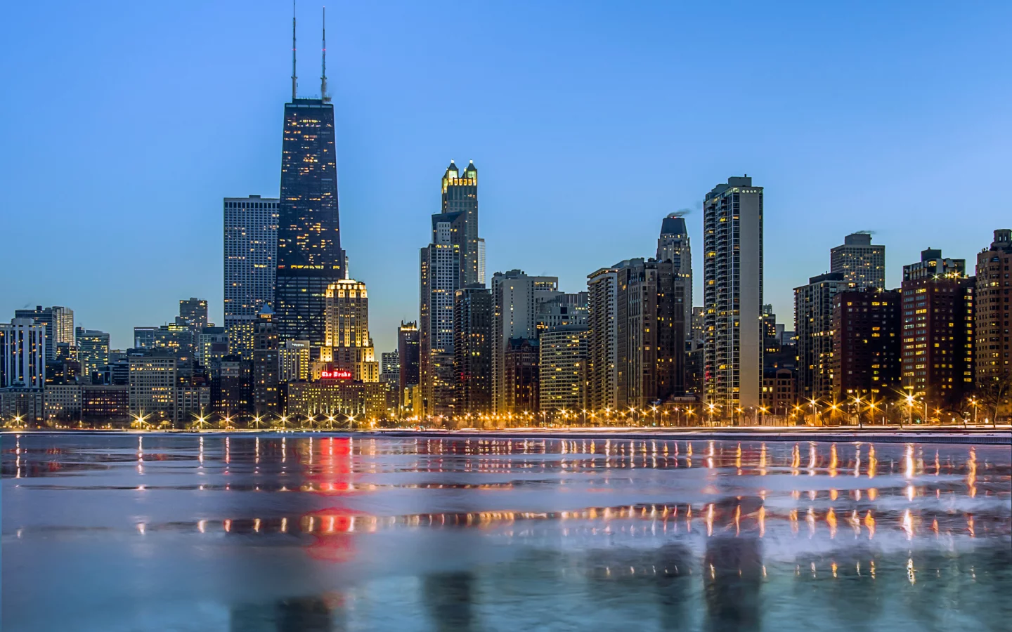 океан, chicago, город, зима, небоскребы, вечер, огни, чикаго