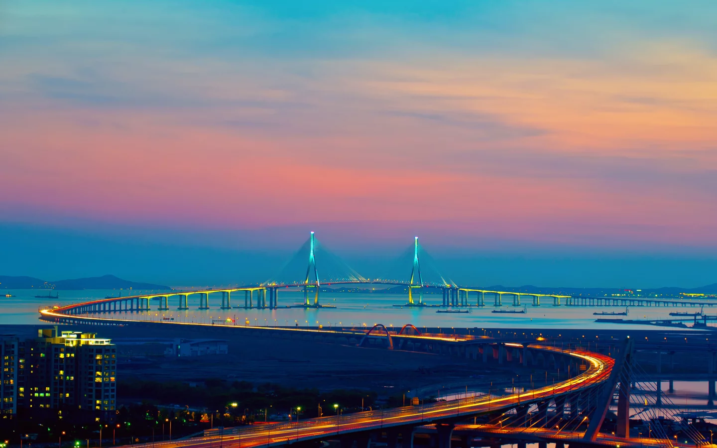 город, мост, корея, огни, инчхон
