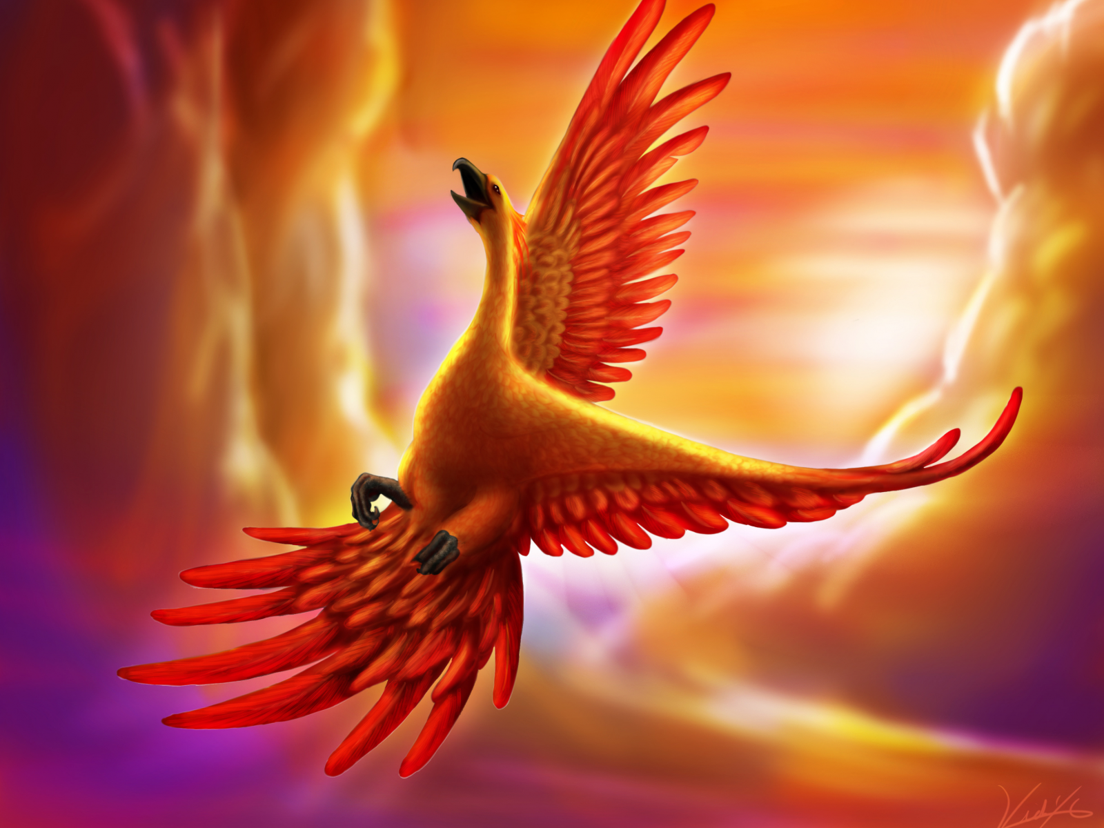 goldenphoenix100, существо, феникс, в небе, птица, полет, арт