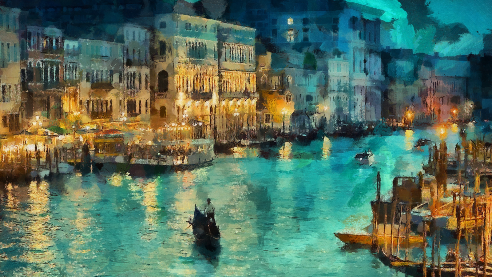 венеция, ночь, арт, канал, дома, гондола, огни, италия