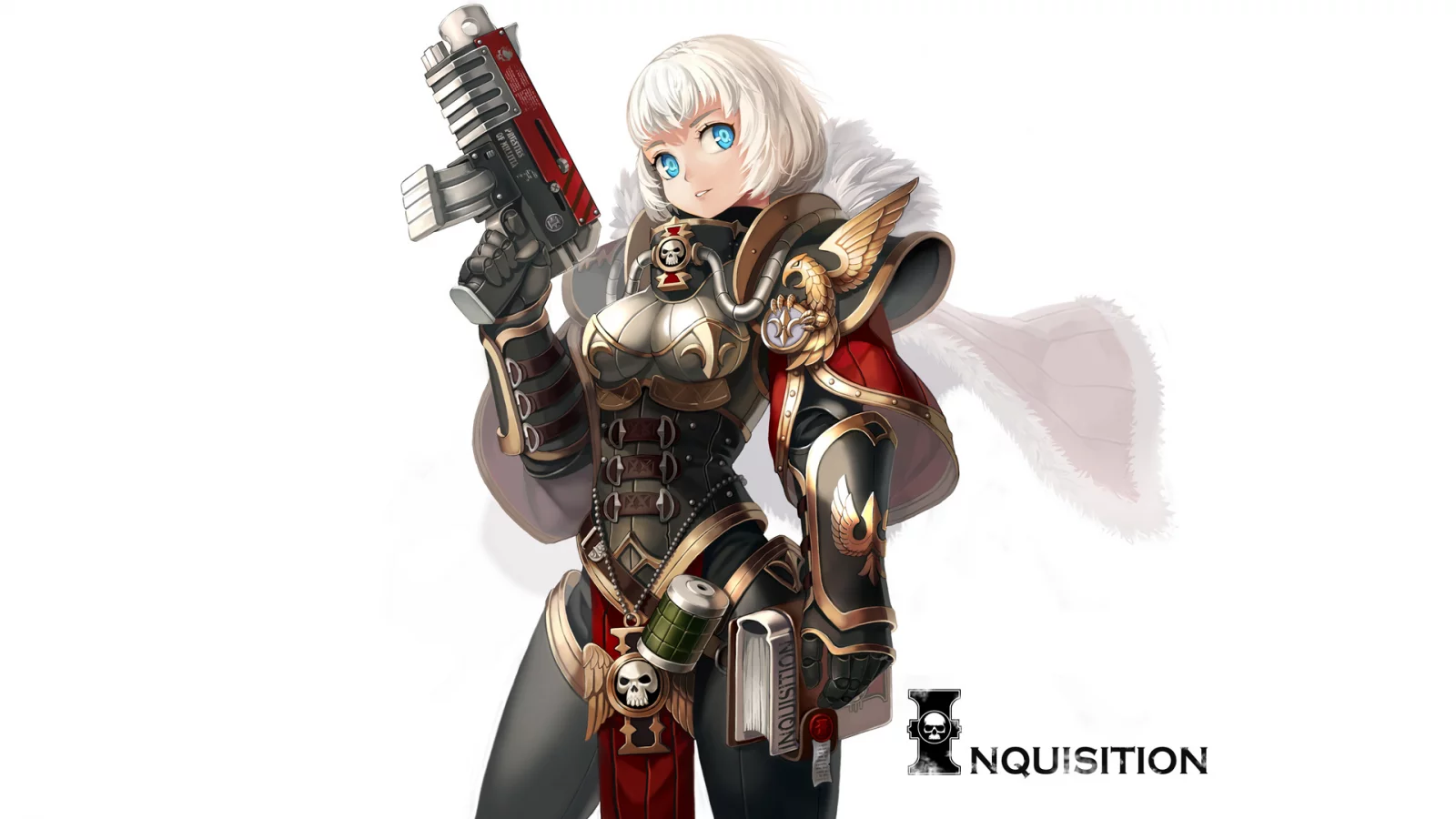 warhammer 40k, книга, оружие, арт, девушка, xil, белый фон