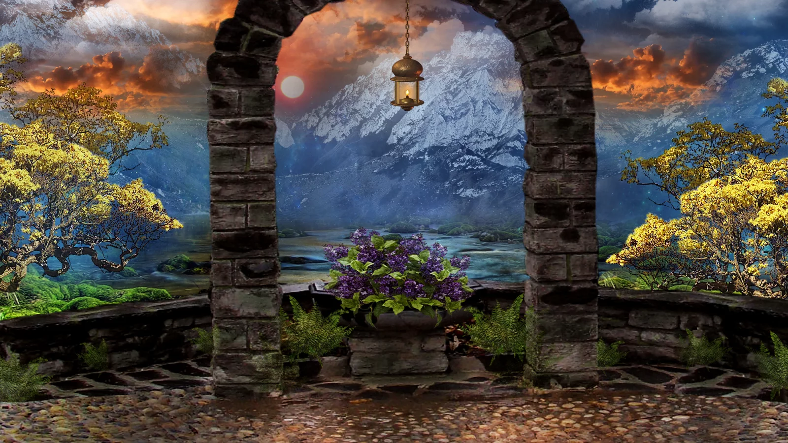 арт, цветы, арка, 3d, фонарь, горы, art, небо, деревья