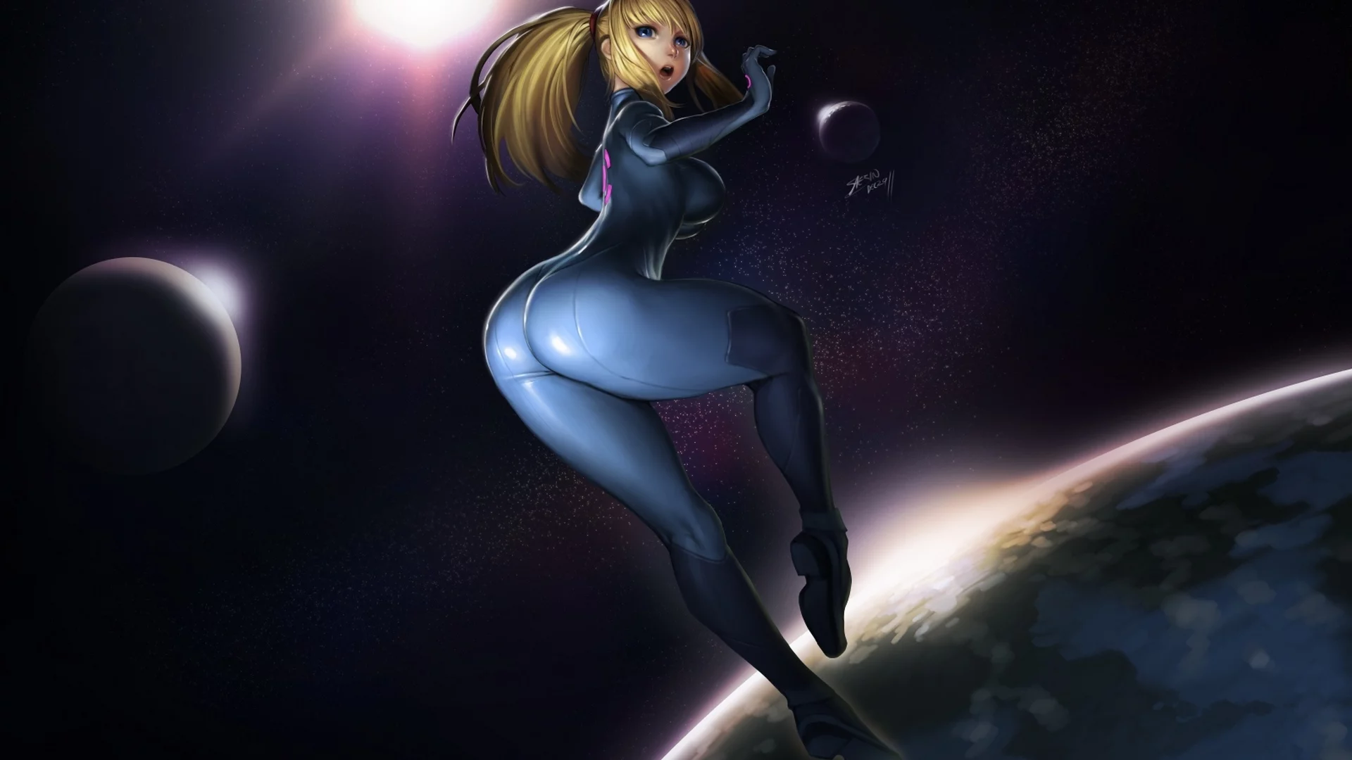 космос, девушка, metroid, samus aran, звезды, планеты, костюм