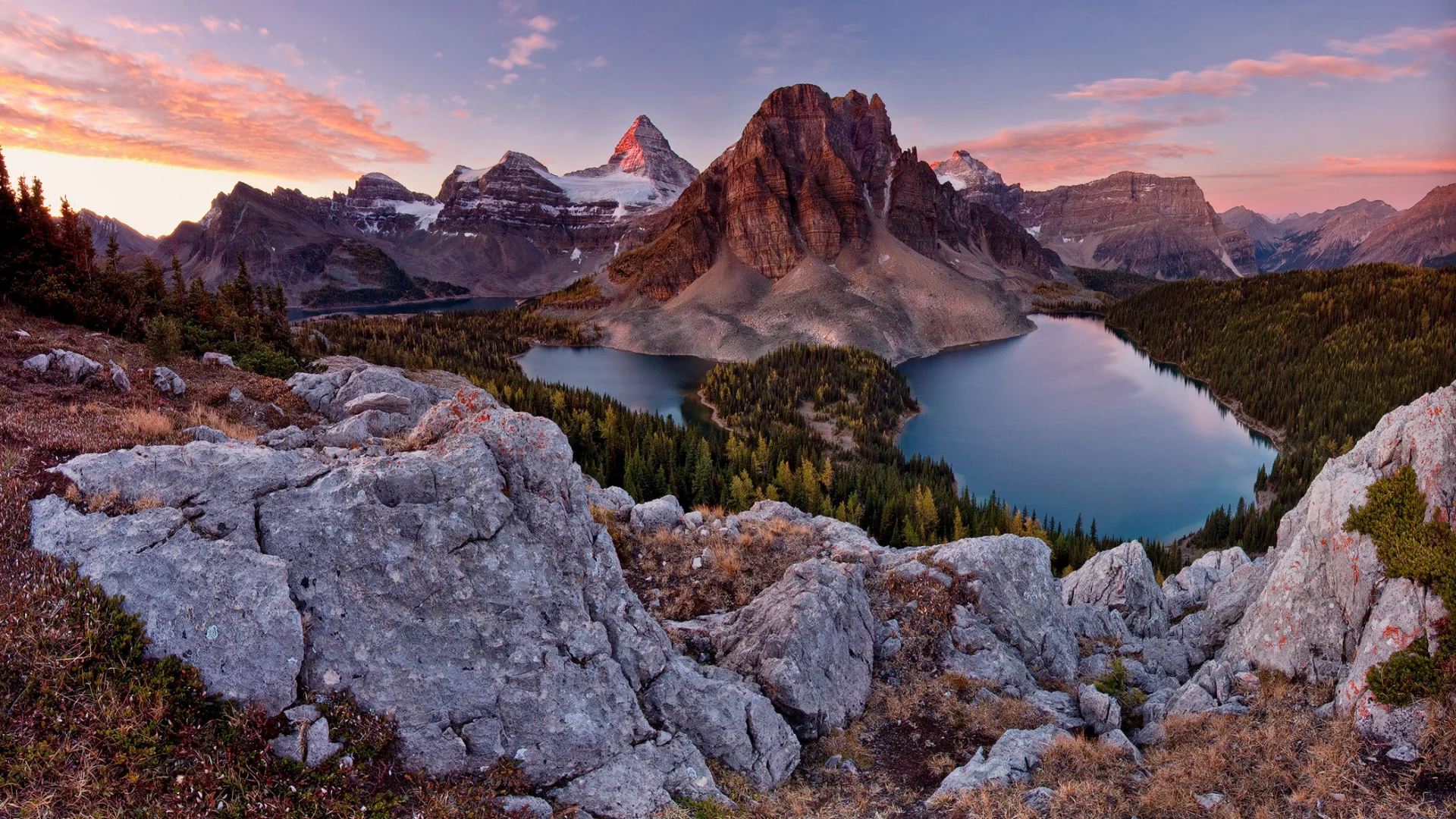 sunburst peak, горы, камни, альпы, лес, озера, mt assiniboine park, небо