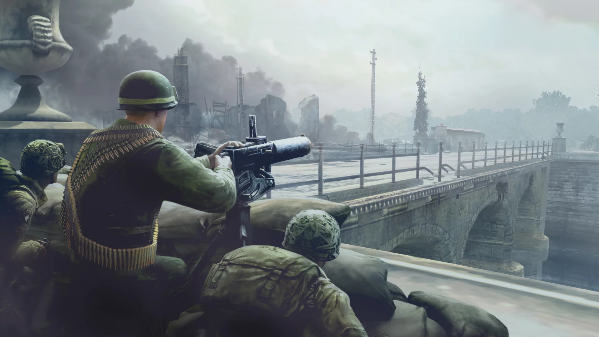 company of heroes, мост, война, пулемет, солдаты, город