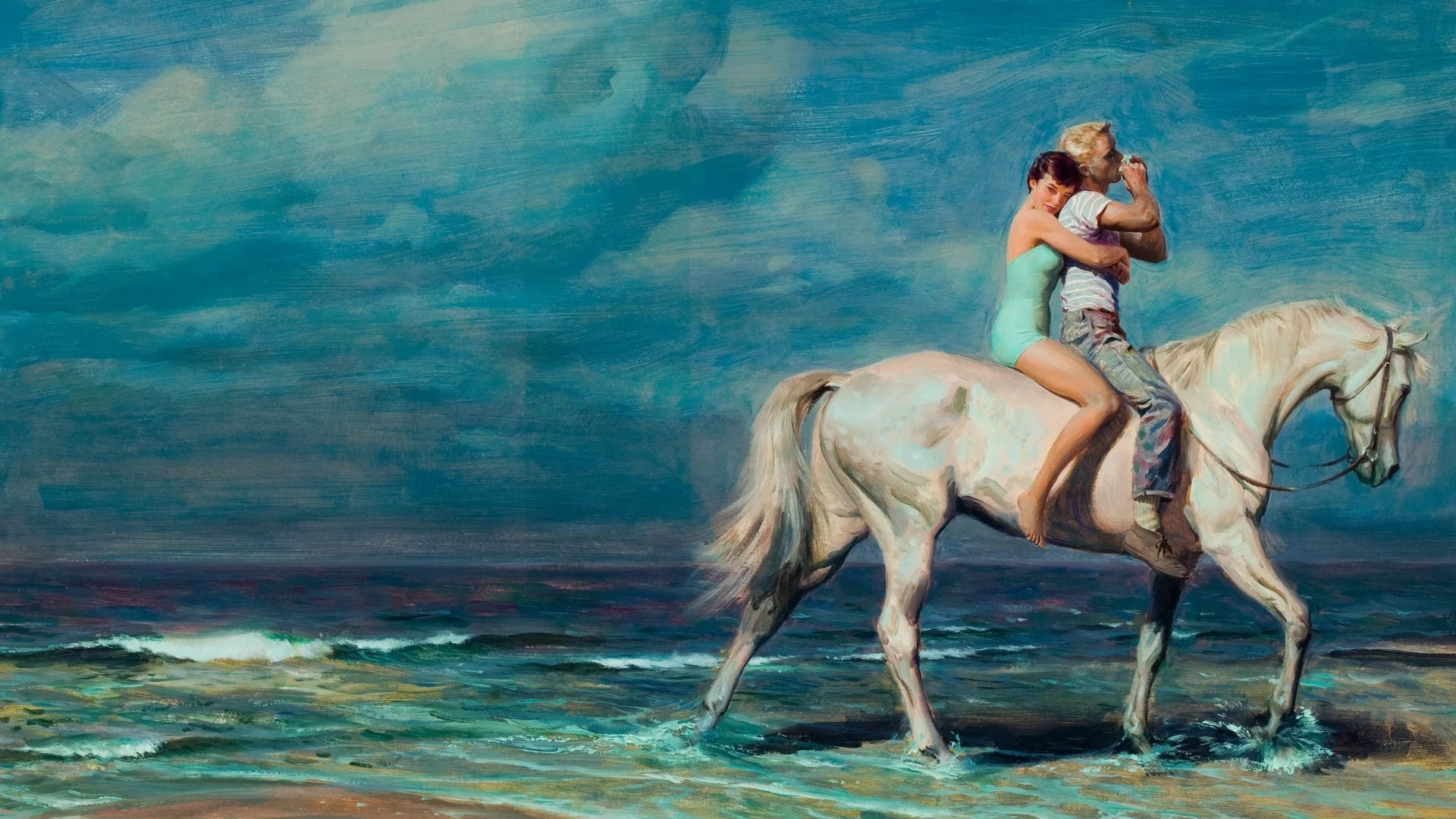 мужчина, берег, вода, tom lovell, двое, конь, женщина