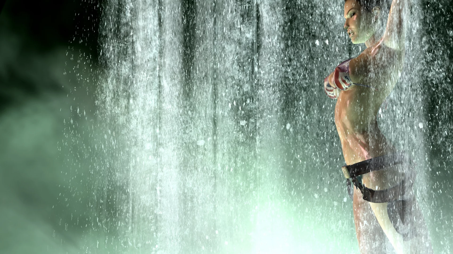 lara croft, оружие, водопад, девушка, игра, tomb raider, купальник
