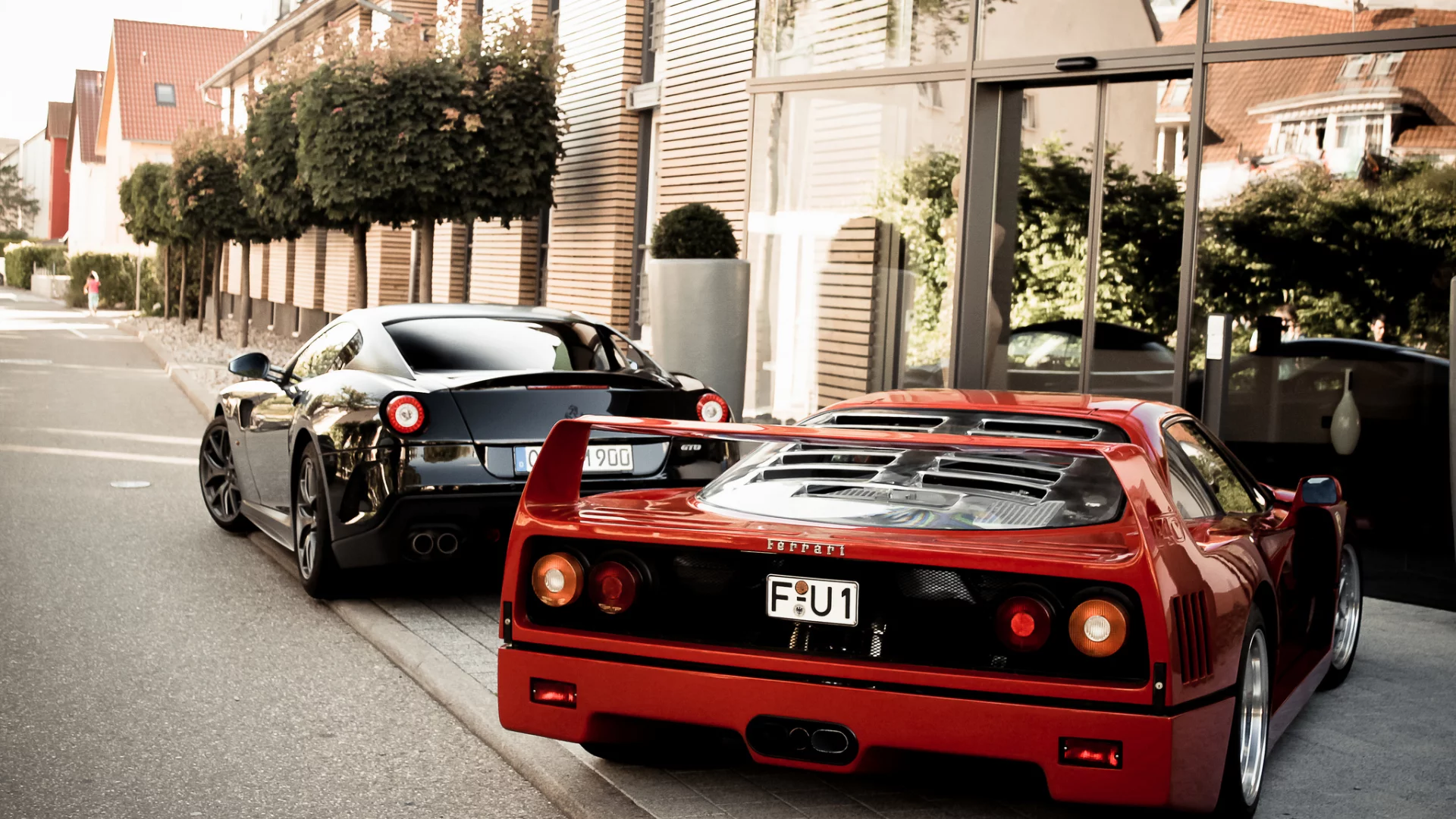 гто, black, 599, f40, 599, феррари, building, red, ferrari, back, gto, tree, ф40
