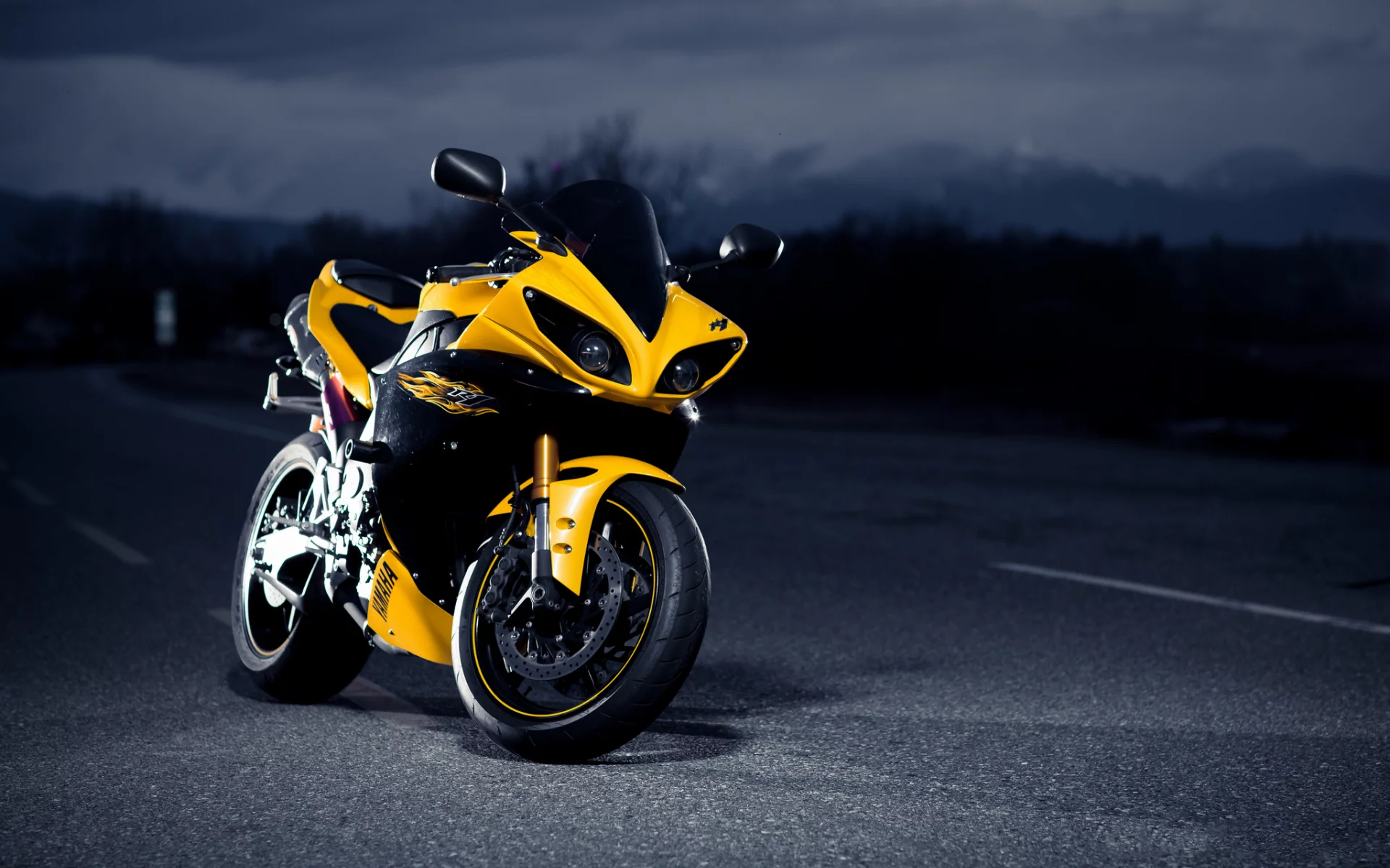 супербайк, black, superbike, night, r1, ямаха, черный, road, yellow, yamaha