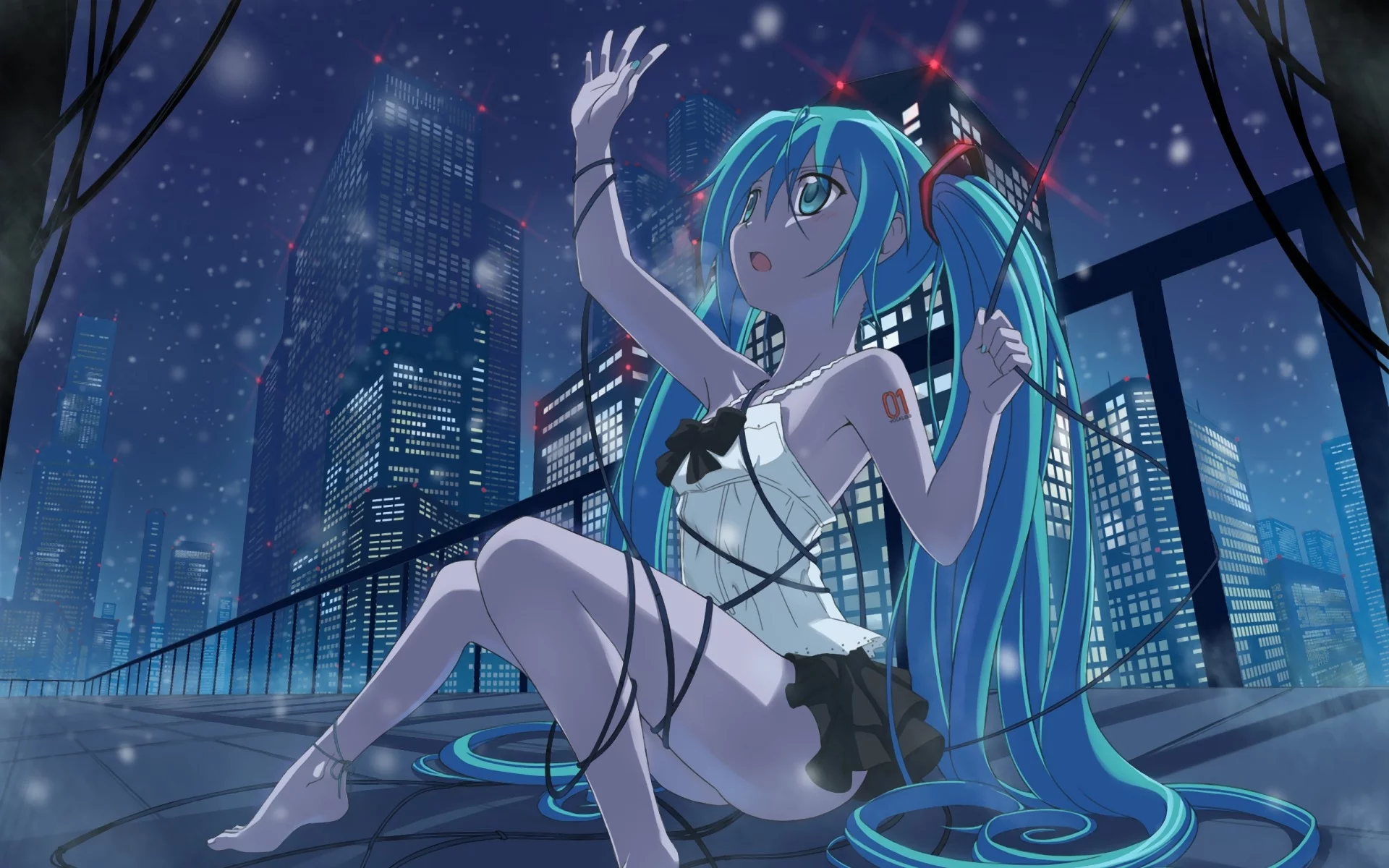 провод, вокалоид, девушка, город, сидя, hatsune miku, vocaloid