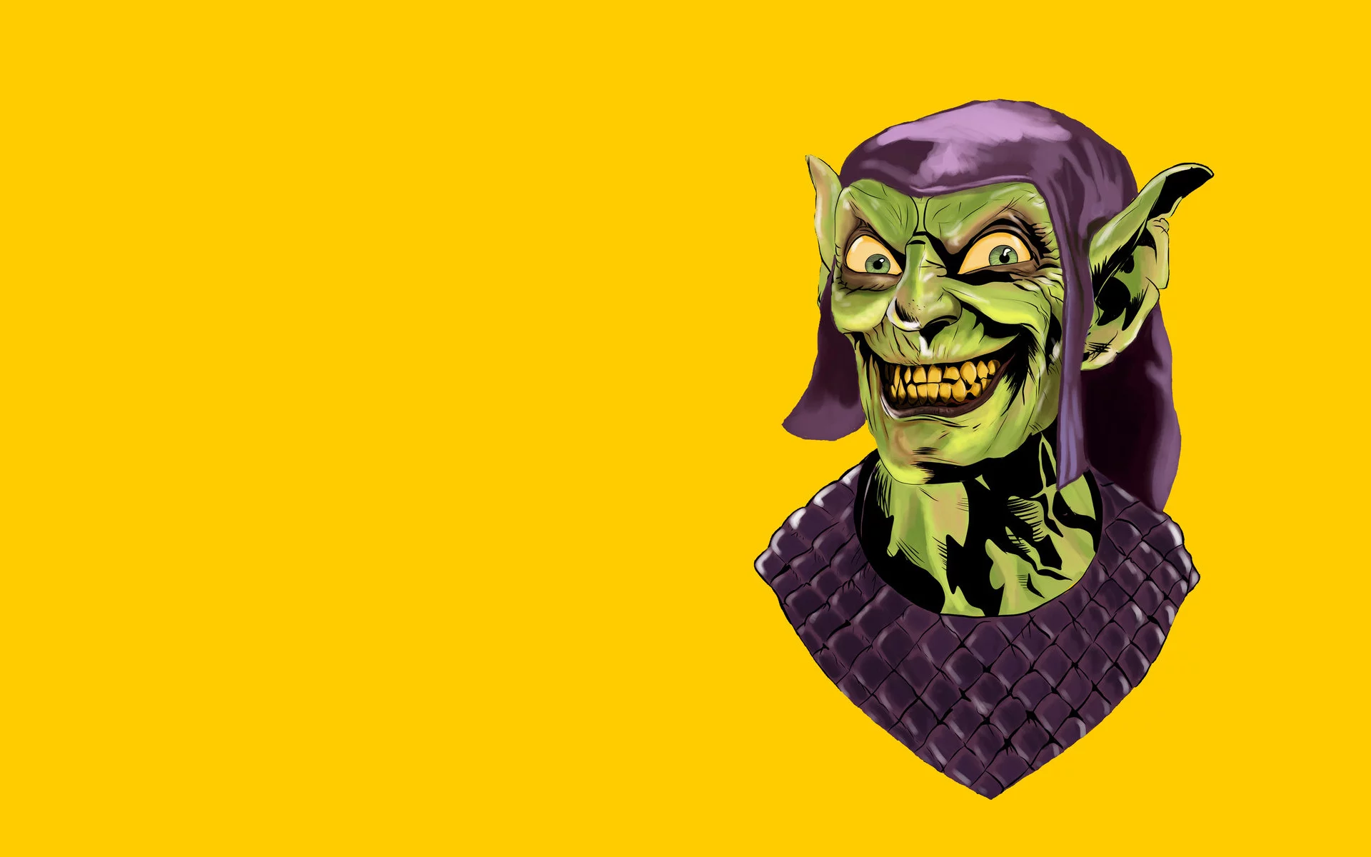оранжевый фон, улыбка, green goblin, злодей, зеленый гоблин