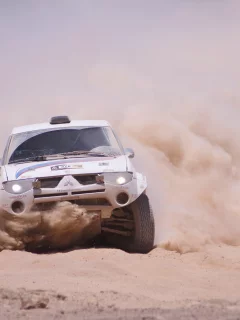 машина, внедорожник, пыль, rally, песок, mitsubishi, занос, dakar