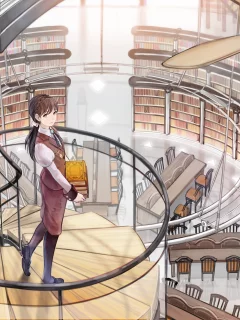девушка, shimetta oshime , арт, лестница, книги, библиотека