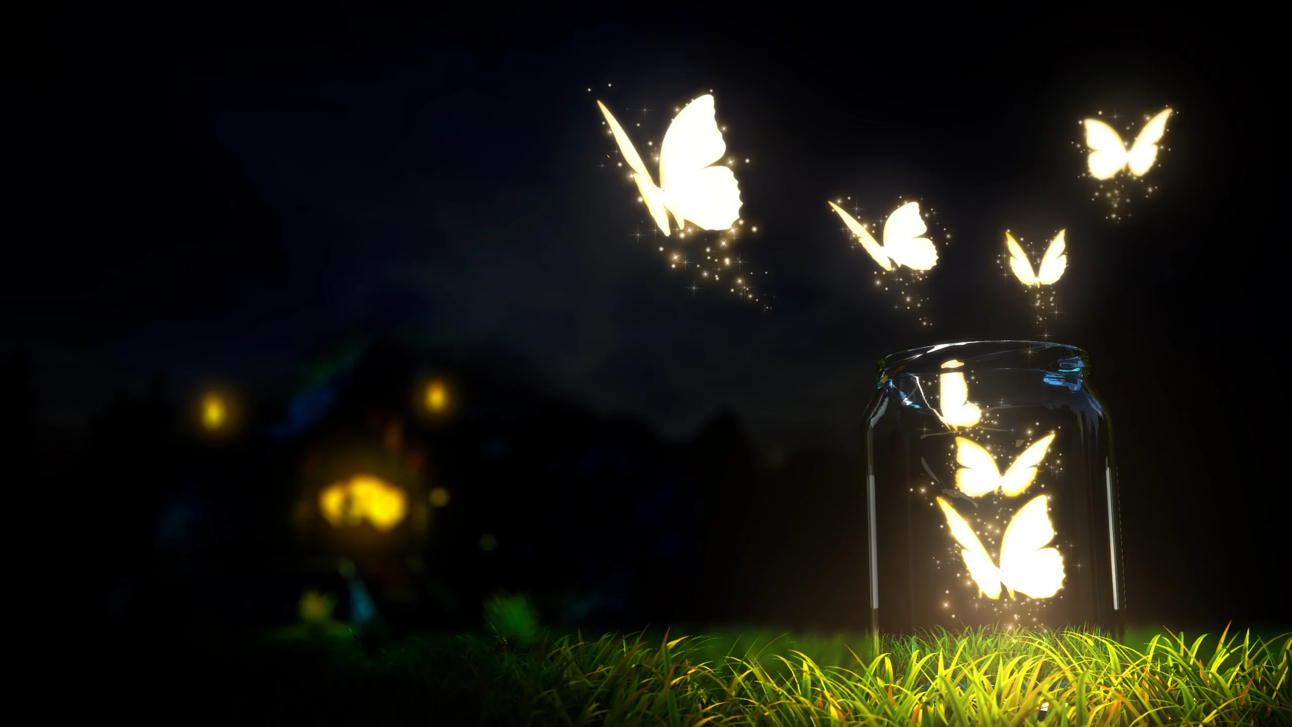 macro, grass, ground, bottle, blur, dark sky, night, glowing, butterflies, nature, beautiful