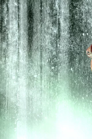 lara croft, оружие, водопад, девушка, игра, tomb raider, купальник
