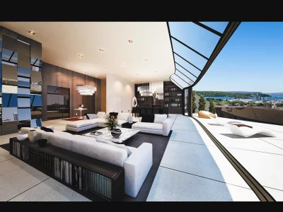 penthouse, столик, interior, гостиная, диваны, шкаф, люстры, desigen