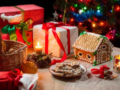 рождество, печенье, пряничный домик, свечи, подарки