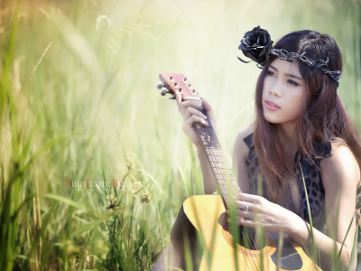 девушка, азиатка, гитара, музыка