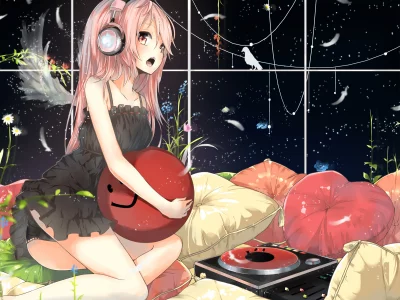 megurine luka, арт, девушка, vocaloid, подушки, la-na, наушники