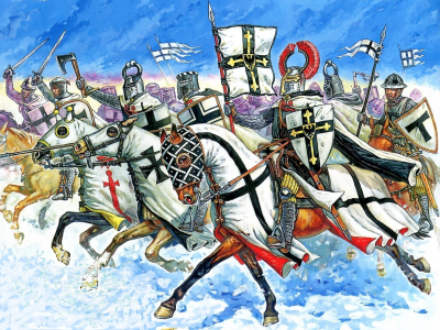 атака, знаменосец, арт, поле, снег, зима, конные рыцари