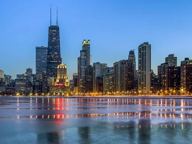 океан, chicago, город, зима, небоскребы, вечер, огни, чикаго