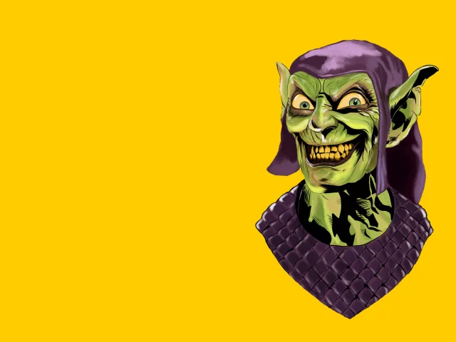 оранжевый фон, улыбка, green goblin, злодей, зеленый гоблин