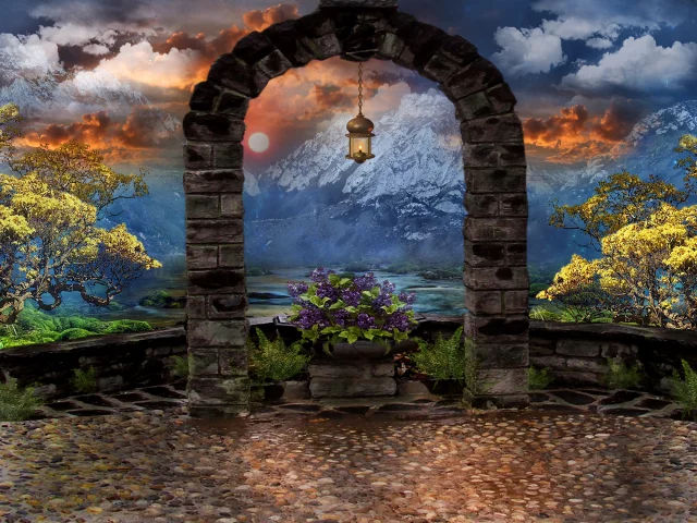 арт, цветы, арка, 3d, фонарь, горы, art, небо, деревья