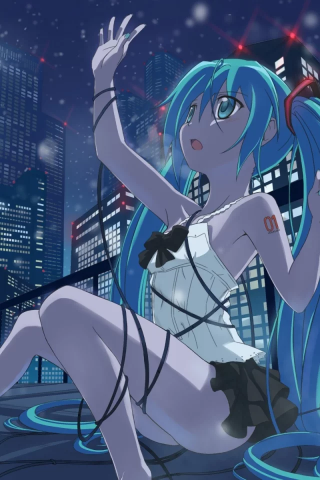 провод, вокалоид, девушка, город, сидя, hatsune miku, vocaloid
