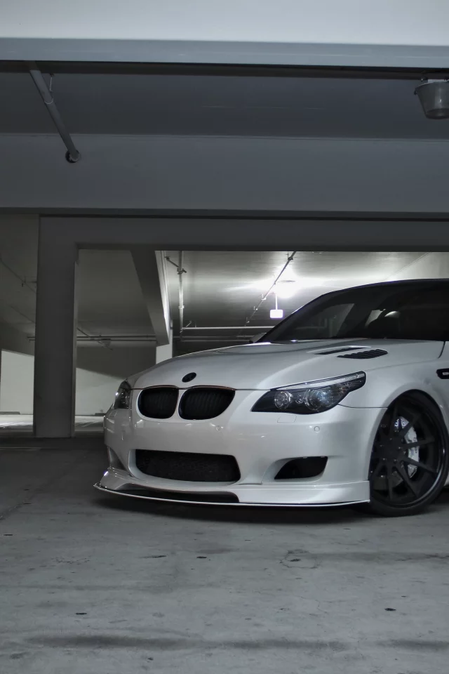 белый, e60, m5, лампы, bmw, white, парковка, вид спереди, бмв