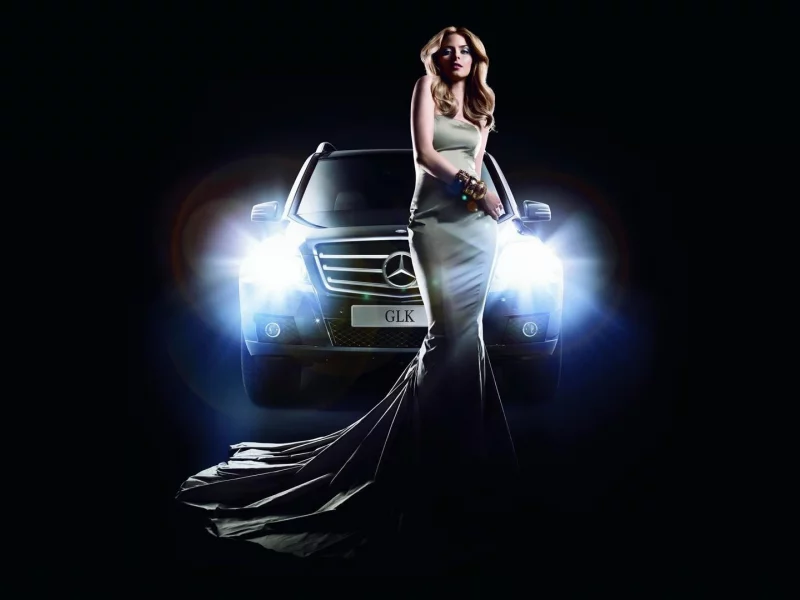 свет, машина, mercedes, фары, мерседес, девушка, glk