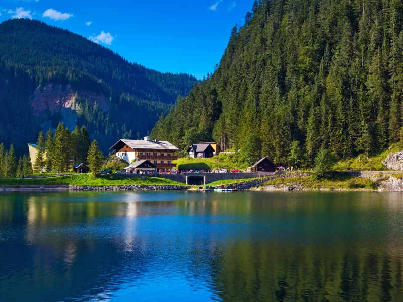альпы, дома, alpes, горы, озеро, домики, деревья, alpen